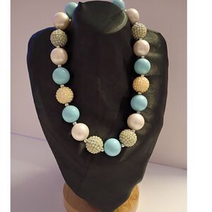 Beautiful Choker Necklace of Light Blue, White and Disco Ball Beads Summer Color